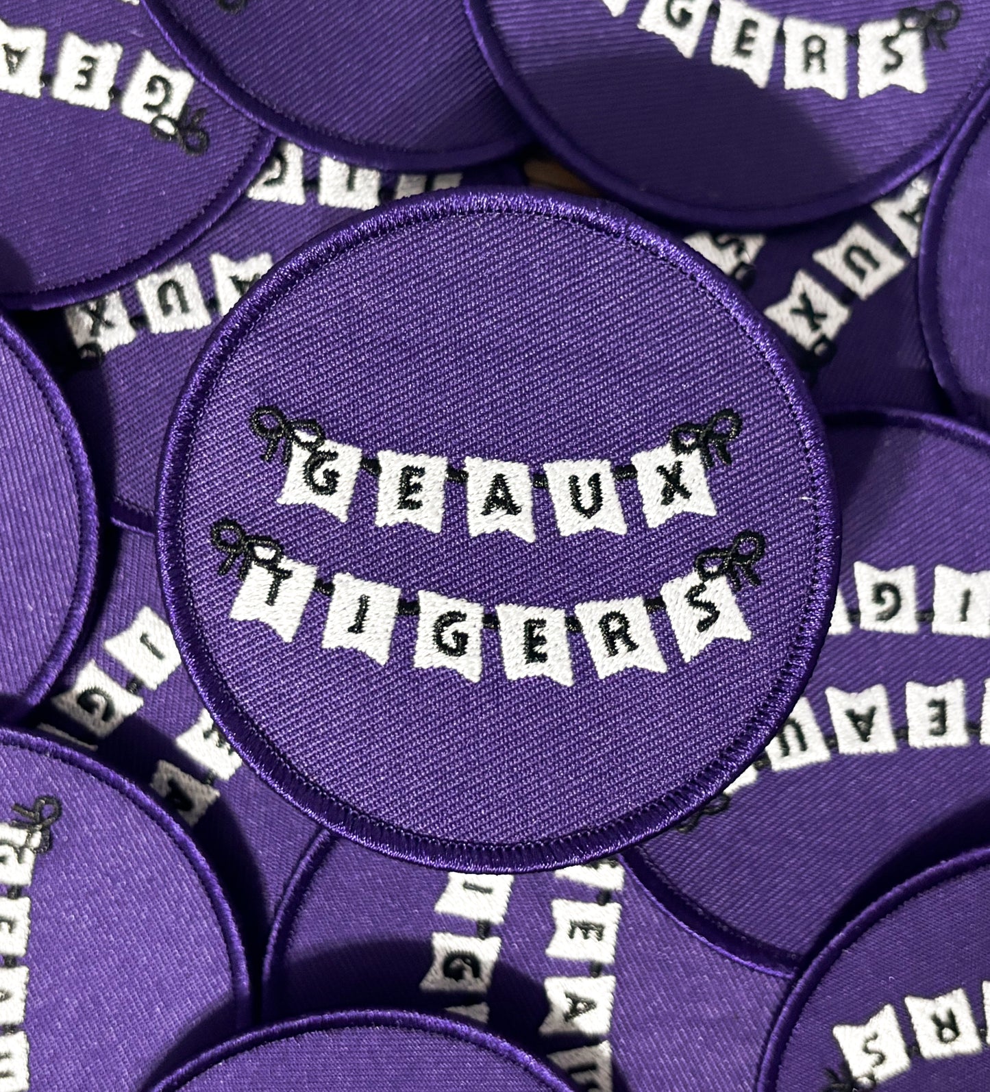 Iron On Patch - Geaux Tigers Bow Banner