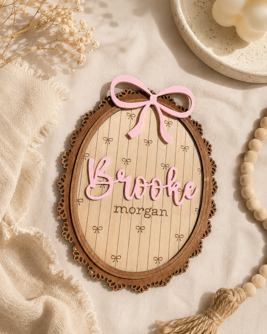 Scalloped Pink Bow Baby Name Sign - Wood